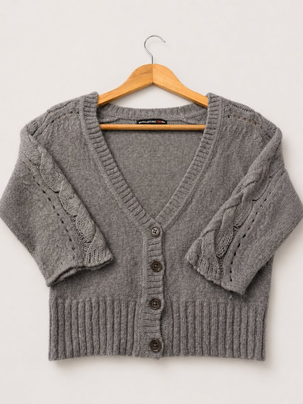 Banana Republic S Mohair Blend Cable Knit Cropped Grey Cardigan Preppy